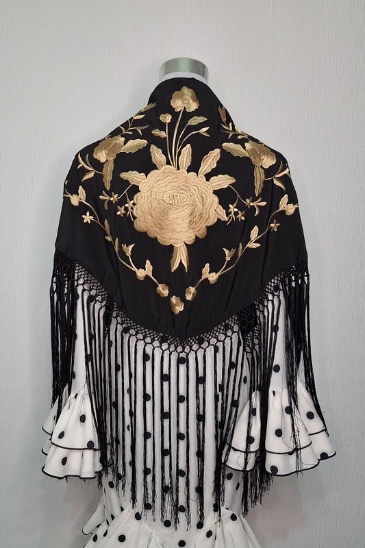 Mantoncillo flamenca negro y dorado con fleco largo